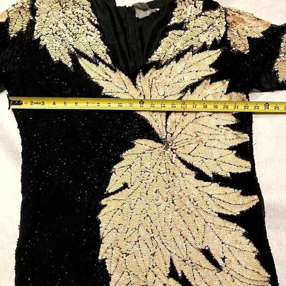 Vintage 80s Sho Max sequin dress opalescent creme black leaf design art nouveau - Picture 12 of 15